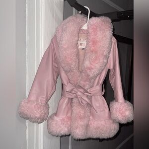 Girls Light Pink Faux Fur Leather Jacket